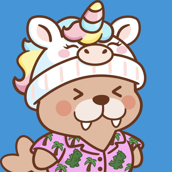 Cartoon NFT character of a brown animal wearing a unicorn hat and a pink Hawaiian shirt with palm trees.