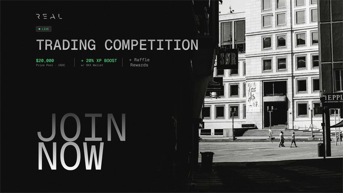 The image features a post about an upcoming trading competition with $20,000 USDC as its prize pool. The post also mentions a raffle opportunity for additional prizes worth $3,000. There's an advertisement encouraging people to join the competition in "real now".