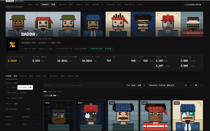 A screenshot of the BADDOG studio NFT marketplace showing pixel-art pirate character avatars, with the BADDOG profile and various trading statistics like floor price and sales.