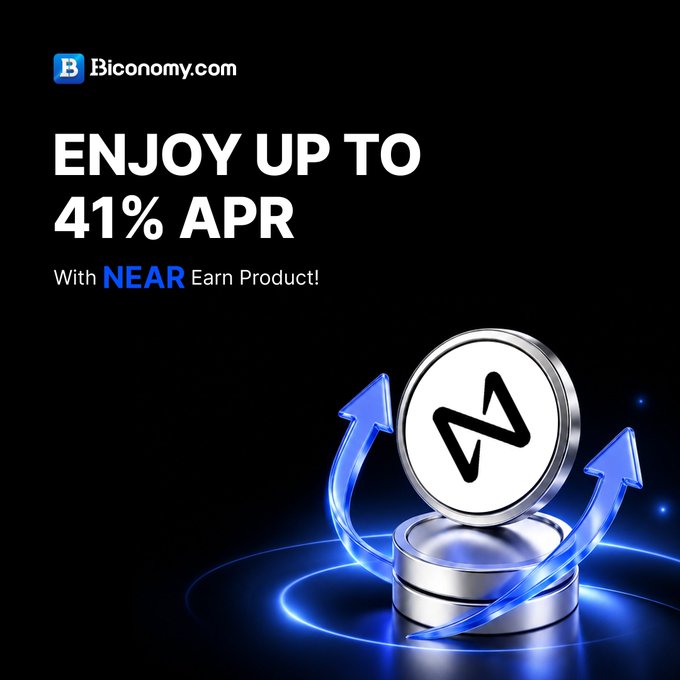 A Biconomy.com advertisement promoting 'ENJOY UP TO 41% APR With NEAR Earn Product!' featuring silver NEAR tokens with blue upward arrows.