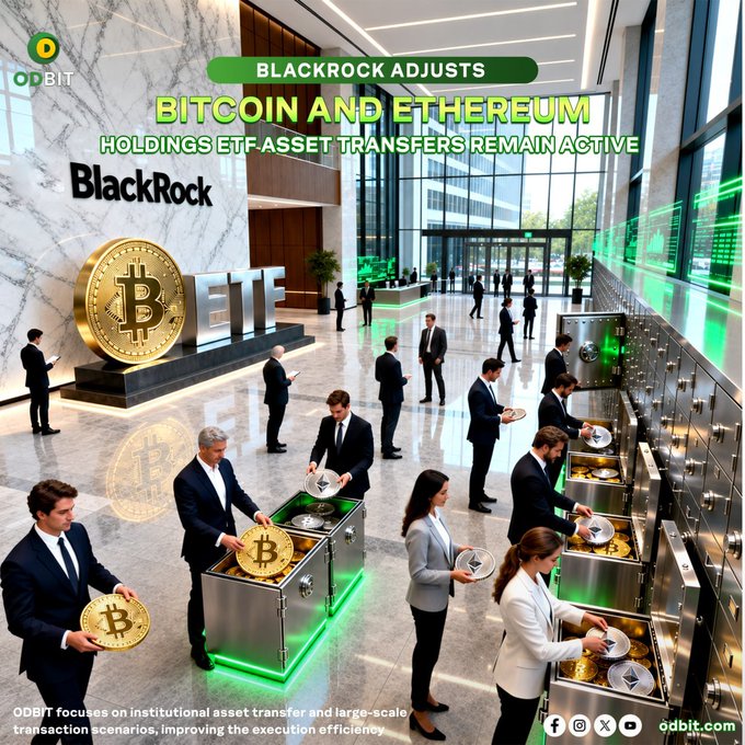 A promotional graphic depicting BlackRock's institutional ETF operations, showing professionals in a modern facility handling large Bitcoin and Ethereum coins alongside secure vault-like containers, with the headline "BLACKROCK ADJUSTS BITCOIN AND ETHEREUM HOLDINGS — ETF ASSET TRANSFERS REMAIN ACTIVE" and branding for ODBIT highlighting its role in supporting institutional liquidity and large-scale digital asset transfers.