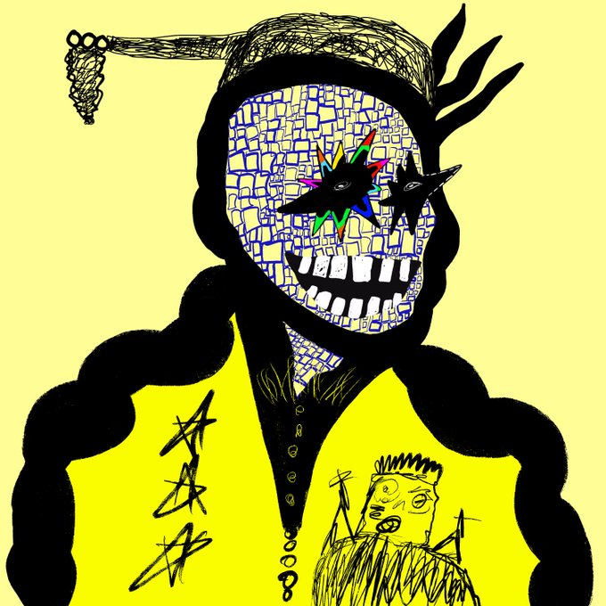 An abstract illustration features a stylized figure with a patchwork-patterned face, multicolored star-shaped sunglasses, a wide toothy grin, and a yellow jacket decorated with stars and another face design.