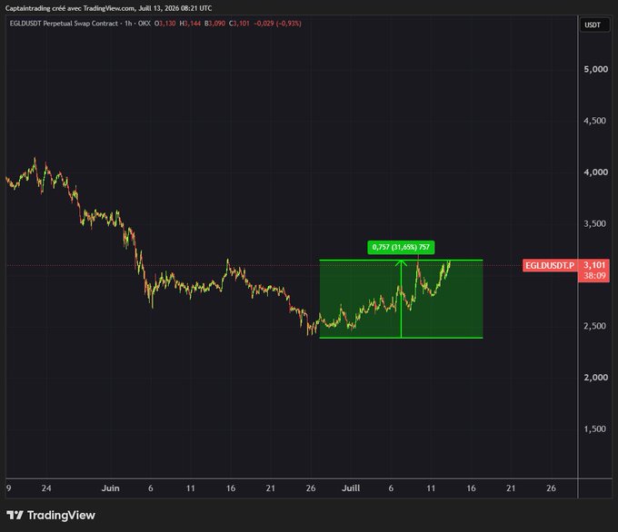 A 1-hour candlestick chart of the 'EGLDUSDT Perpetual Swap Contract' on TradingView, displaying a green shaded rectangle and an arrow highlighting a recent upward price movement to 3,101.