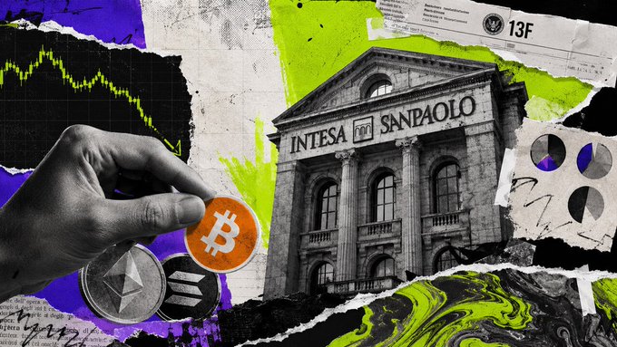 A collage-style image shows a hand holding a Bitcoin coin alongside Ethereum and Solana tokens, set against a backdrop featuring the Intesa Sanpaolo bank building, financial charts, and a 13F document. The visual complements the post's theme by illustrating how major banks are diversifying their crypto exposure beyond Bitcoin, with Ethereum's growing institutional adoption reflected in its rising share of bank holdings.