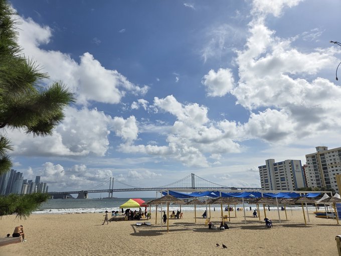 A scenic beach view features a sandy shore, blue ocean, a long suspension bridge in the distance, high-rise buildings, and beach umbrellas under a partly cloudy sky.