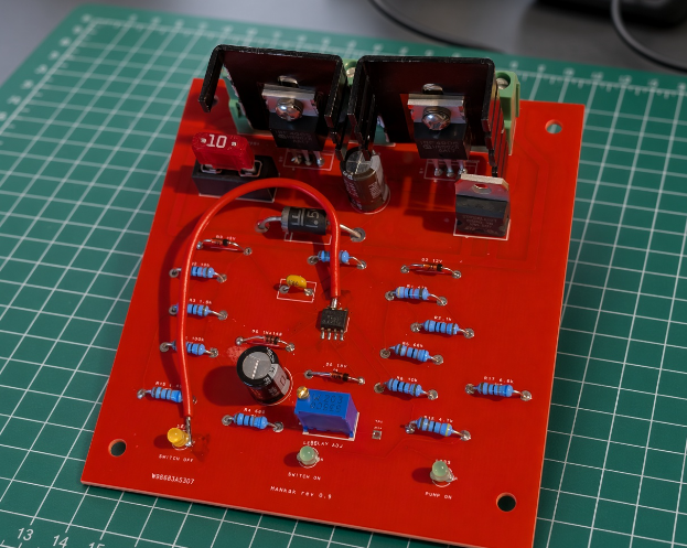 A red electronic circuit board, labeled 'SWITCH ADF', is shown resting on a green cutting mat, featuring various components like resistors, capacitors, and transistors.