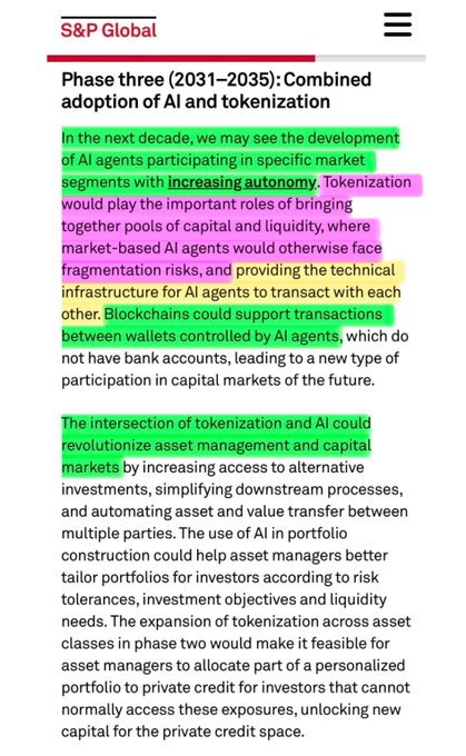 A screenshot from S&P Global titled "Phase three (2031–2035): Combined adoption of AI and tokenization," with highlighted passages discussing AI agents gaining autonomy, tokenization bridging fragmented markets, and the revolutionizing impact on asset management and capital markets. The image supports the post's claim about a trillion-dollar valuation by 2030–2035, illustrating the convergence of AI and tokenization driving massive transformation in capital markets over that timeframe.