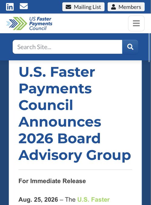 The image shows a webpage from the U.S. Faster Payments Council announcing their 2026 Board Advisory Group, with a post dated August 25, 2026. The accompanying caption notes that this advisory group includes Frank Mazza from Metallicus and James Sellick from Ripple.