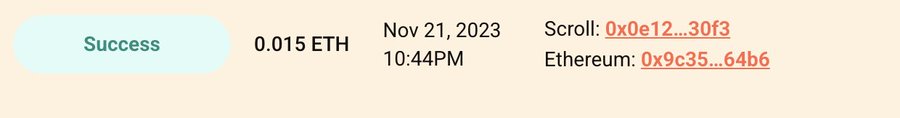 A transaction confirmation showing a successful claim of 0.015 ETH from a Scroll bridge (address 0x0e12...30f3) to Ethereum (address 0x9c35...64b6), dated November 21, 2023 at 10:44PM. The image illustrates the post's discovery of forgotten funds stranded on the Scroll bridge since 2023, recovered via the stuckfunds.eth.limo checker tool.