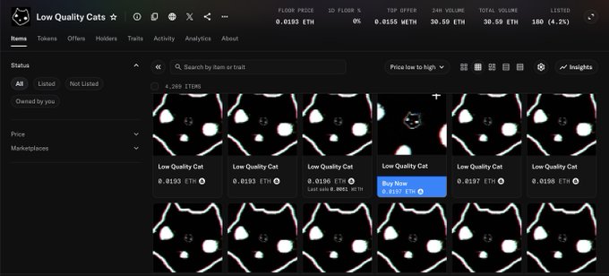 Screenshot of the "Low Quality Cats" NFT collection on OpenSea showing 4,285,115 items priced around 0.0150-0.0197 ETH (~$30.59-39.50), with the user highlighting a "Buy Now" option at 0.0197 ETH that appears notably higher than the listed floor price of 0.0150 ETH, illustrating the "4x from the public price" comment about the price difference.