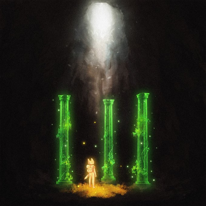 A digital illustration of a small fox-like character with a backpack standing in a dark space, illuminated by a shaft of light, facing three glowing green pillars entwined with vines.