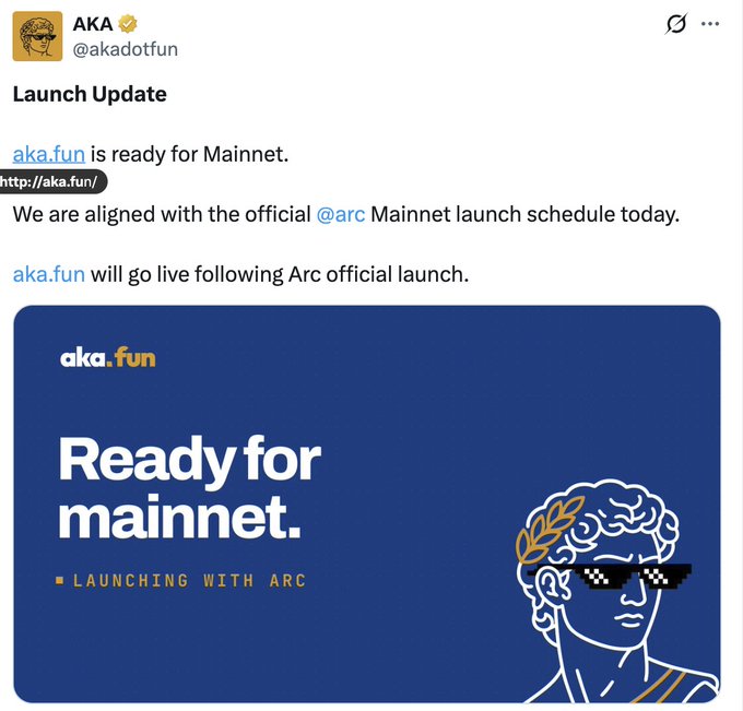 A Twitter post from @akadotfun announces that aka.fun is ready for Mainnet and will launch alongside Arc's official Mainnet debut, featuring an illustration with the text "Ready for mainnet. Launching with Arc." The image directly reinforces the post's message that aka.fun is preparing to release its token in coordination with Arc's Mainnet launch.