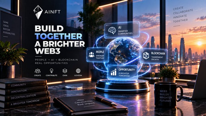 A promotional banner for 'AINFT' with the tagline 'BUILD TOGETHER A BRIGHTER WEB3' features a holographic globe surrounded by feature boxes for AI, Blockchain, and People, with categories like CREATE, CONTRIBUTE, OWN, and GOVERN at the bottom.