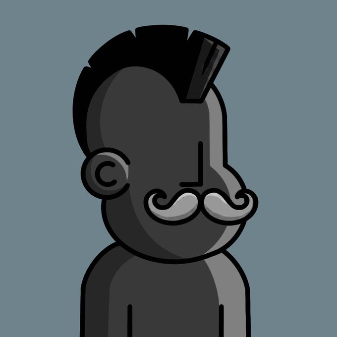 A stylized 2D cartoon illustration of a dark grey character with a swirl ear design, a prominent curled grey mustache, and a large 'V' shaped hair or horn against a solid blue background.