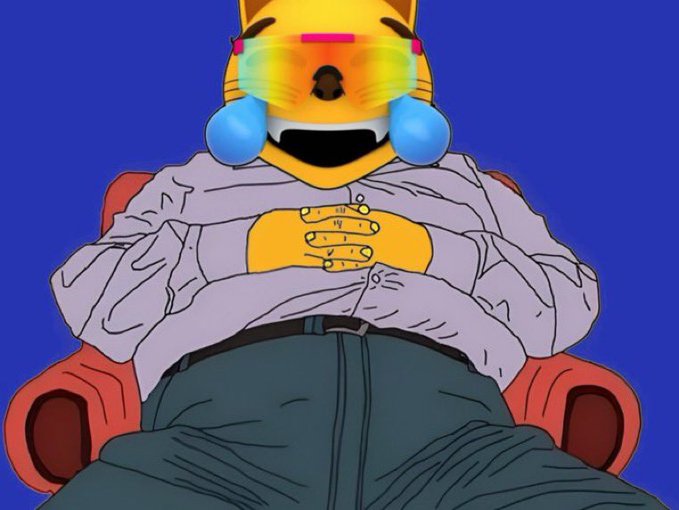 An illustrated character with a yellow cat/fox head wearing rainbow VR-style glasses, sitting in a red chair with hands clasped over a gray shirt and dark pants against a purple background.