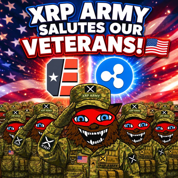Cartoon "XRP Army" characters in camouflage uniforms salute in front of an American flag, with bold text reading "XRP ARMY SALUTES OUR VETERANS!" alongside the XRP and Ripple logos, promoting Ripple's matching donation campaign for veterans through CODE4Vets.