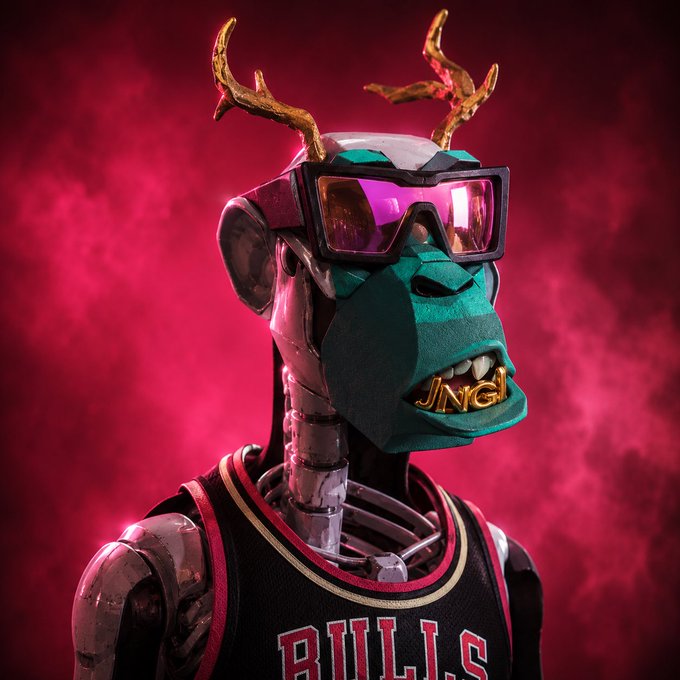 3D rendered character with green skin, golden antlers, ski goggles, and a 'BILLS' basketball jersey, featuring gold grills reading 'JNGL' against a red smoky background.