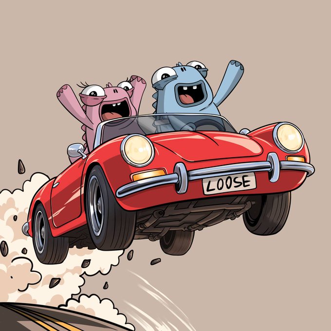 A cartoon illustration of two monster characters joyfully driving a red convertible car with a 'LOOSE' license plate.