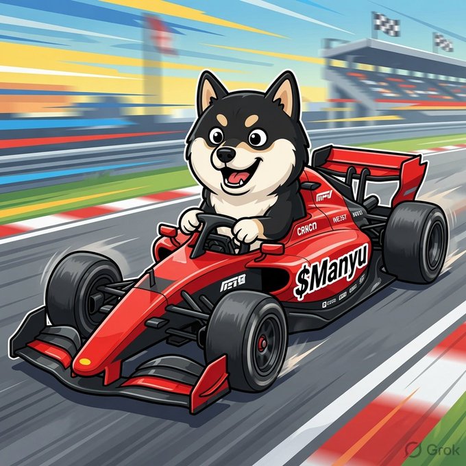 A cartoon illustration of a smiling Shiba Inu dog driving a red Formula 1 race car labeled '$Manyu' on a track, watermarked 'Grok'.