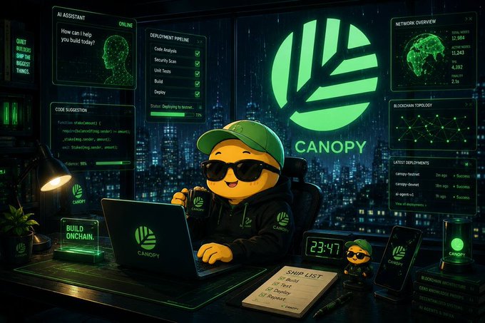 A green-tinted tech-themed scene showing a cartoon duck character working on a laptop surrounded by 'CANOPY' branding, with HUD panels for 'AI ASSISTANT,' 'DEPLOYMENT PIPELINE,' 'NETWORK OVERVIEW,' and 'BLOCKCHAIN TOPOLOGY,' plus a ship list note.