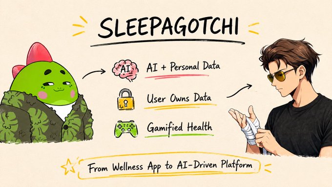 The image features a man wearing sunglasses holding a bandage over his hand while looking at a poster for a project called "Sleeping to Earn". The poster has a cartoon illustration of a green frog with a red head, which is the main focus of the poster. The text on the poster reads "From Wellness App to AI-Driven Platform", indicating that the project is related to health and wellness. The man's hand holding a bandage suggests that he might have been injured or had an accident while working on this project.