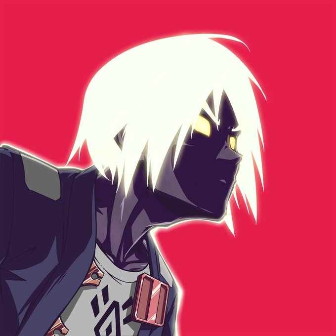 The image features a man with white hair wearing a black jacket, standing against a red background. The man has a serious expression on his face as he looks off into the distance. There are no texts or other objects present in the image.