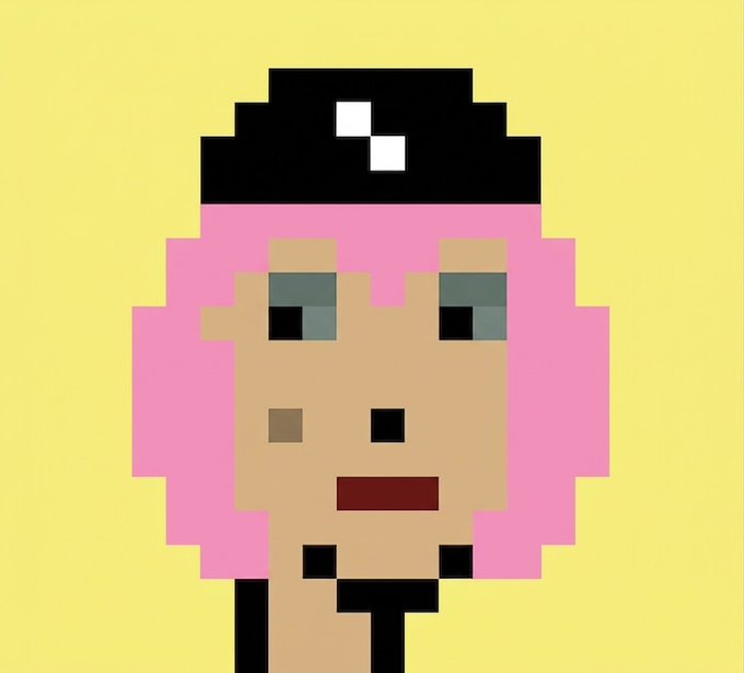 A pixel art portrait of a pink-haired woman with a black cap against a yellow background, likely representing the user transitioning from a CryptoPunk-style profile picture to a new headshot as described in the post.