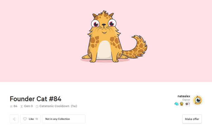 A digital illustration of a cartoon cat with giraffe-like spots on a pink background, labeled 'Founder Cat #84' with 'Catatonic Cooldown' trait.