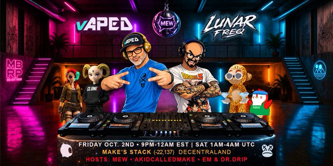 A vibrant promotional graphic for a 'VAPED x LUNAR FREQ' event featuring DJ Mew and a co-host, scheduled for 'FRIDAY OCT. 2ND • 9PM-12AM EST' with cartoon monkey characters and neon aesthetics.