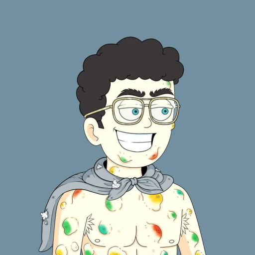 A cartoon illustration of a smiling man with curly dark hair, glasses, a gray cape, and a bare chest covered in multicolored spots.