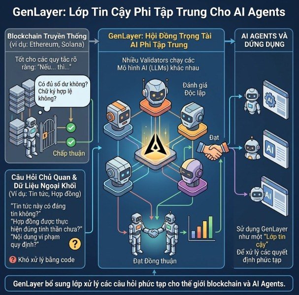 A Vietnamese infographic titled "GenLayer: Lớp Tin Cậy Phi Tập Trung Cho AI Agents" illustrating how GenLayer adds a decentralized AI arbitration layer (featuring multiple AI validator judges rendering "Đánh giá Độc lập" / Independent Judgment) on top of traditional blockchains like Ethereum and Solana to handle subjective on-chain questions for AI agents.