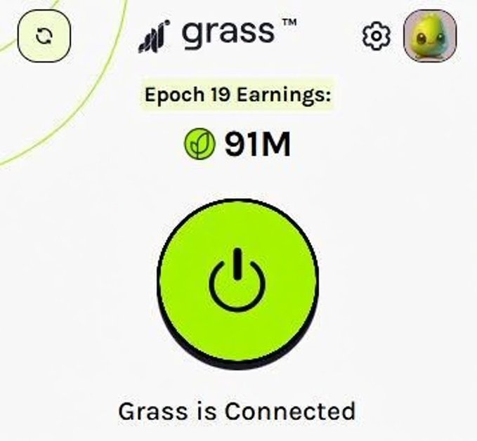 The image shows the Grass app interface displaying "Epoch 19 Earnings: 91M" with a green power button indicating "Grass is Connected," suggesting the user is actively mining Grass tokens. This relates to the post's question about ongoing Grass Season 1/2 participation, showing real-time earnings and an active connection status as evidence of continued mining activity.
