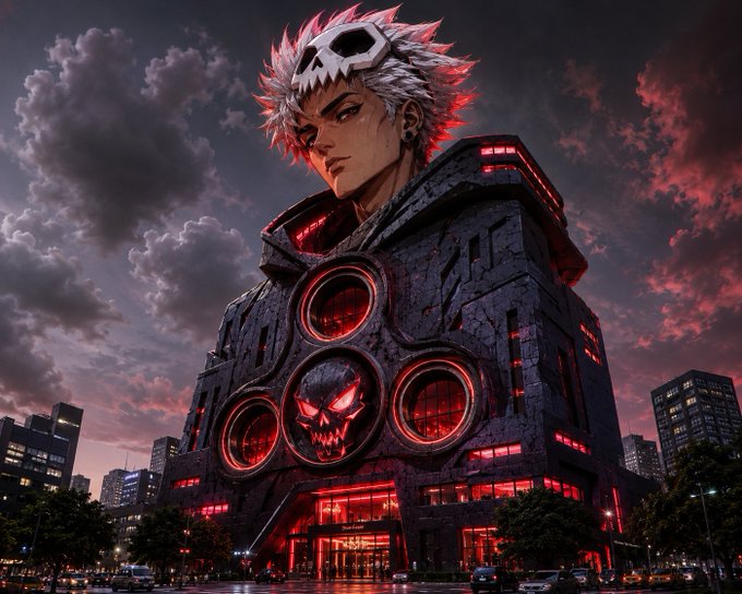 An anime-style character with pink/red spiky hair and a skull mask looms over a dark, imposing building with glowing red skull and circular window designs against a cloudy sky.