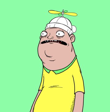 The image shows a cartoon character resembling a chubby man wearing a yellow polo shirt and a white beanie with a yellow propeller on top, set against a green background. This appears to be a hand-drawn crypto/NFT art piece, one of the "common" pieces from a 1,000-piece collection created by the artist @drylinemix over a month, as referenced in the accompanying post.
