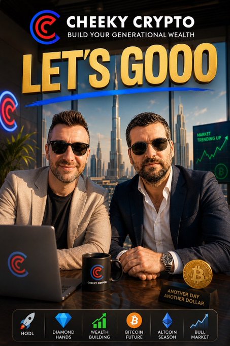 An advertisement for 'CHEEKY CRYPTO - BUILD YOUR GENERATIONAL WEALTH' featuring two men in sunglasses at a desk with the text 'LET'S GOOO' and icons labeled 'HODL', 'DIAMOND HANDS', 'WEALTH BUILDING', 'BITCOIN FUTURE', 'ALTCOIN SEASON', and 'BULL MARKET'.