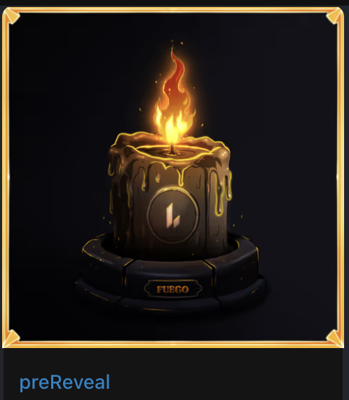 A glowing candle NFT labeled "FUEGO" with the number "1" displayed on its side sits on a circular pedestal, shown in a pre-reveal stage with a single flame burning brightly on top. The image represents a digital collectible from the user's NFT collection, showcasing the artwork before its full reveal.