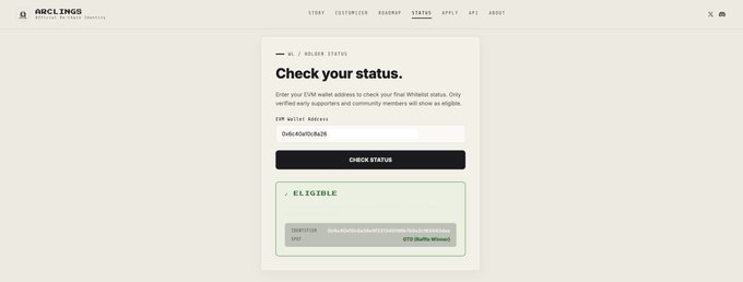 The image shows the Arclings "Check Status" page on their official website, displaying an eligibility check form with an EVM wallet address (0x9c40a0b3a8a28) entered and confirmed as "Eligible" with a CWS Eligible (Passed) result. This relates to the post by confirming the whitelist eligibility status for the Arclings NFT mint, which the user notes is happening today though the exact mint time has not yet been announced.
