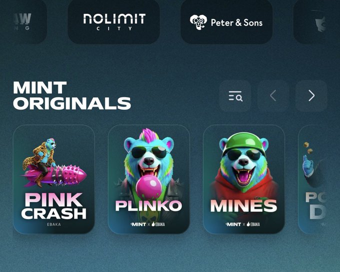 A dark interface displays 'MINT ORIGINALS' featuring slot games including 'PINK CRASH', 'PLINKO', and 'MINES' by MINT x EZAKA.