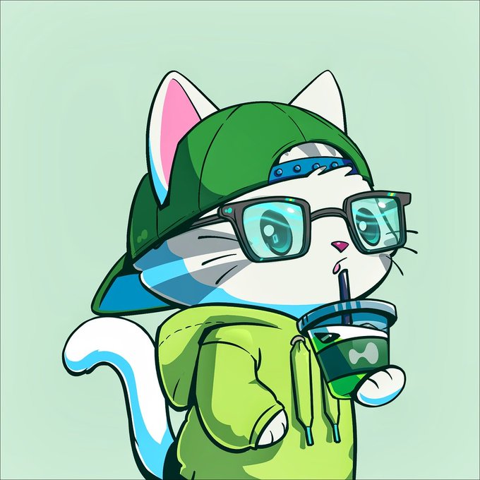 A cartoon white cat wearing a green backwards cap, glasses, and green hoodie sipping a green drink through a straw.
