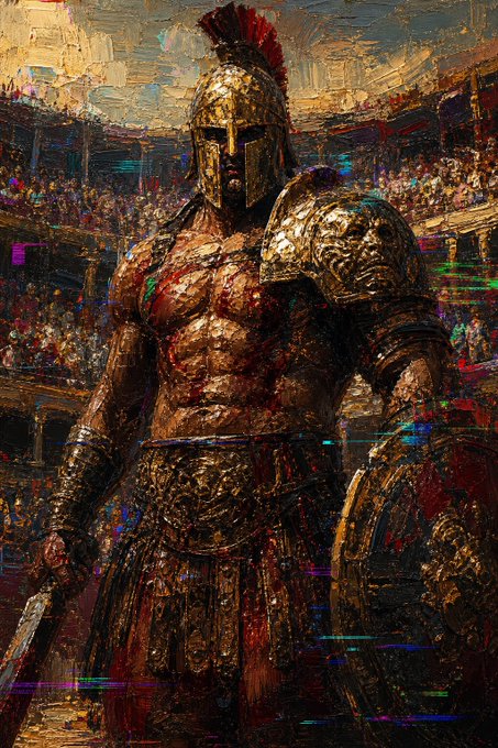 The image features a man dressed as a gladiator, standing in front of an audience at a stadium. He is wearing a helmet with a visor and holding a sword in his right hand while wearing a full-body armor suit that includes a breastplate and a helmet. The background shows the crowd watching him from behind, indicating that he might be performing or participating in a gladiatorial event.