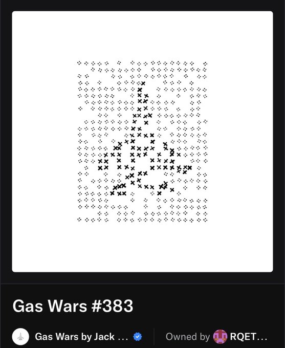 A digital artwork titled 'Gas Wars #383' by Jack, showing an ASCII art style image composed of dots and X marks depicting what appears to be a figure or creature, with 'Gas Wars by Jack' verified and owned by 'RQET'.