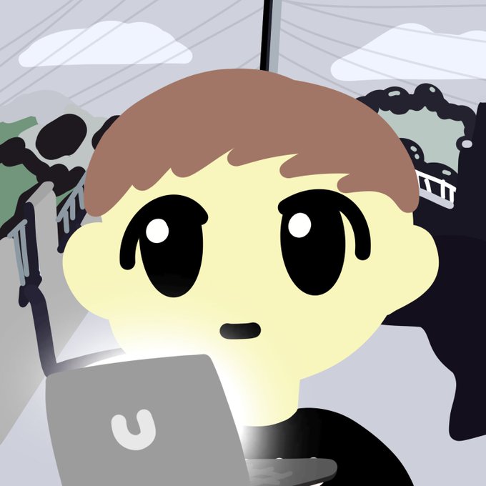 A cartoon illustration of a boy with large black eyes looking up while holding a laptop, set against a backdrop of houses and power lines.