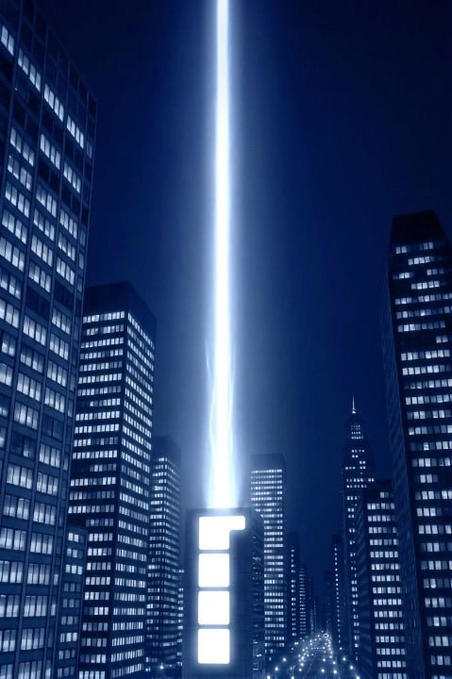 A digital illustration of a nighttime cityscape with illuminated skyscrapers, centered around a glowing vertical beam of light that forms the shape of a battery charging icon.