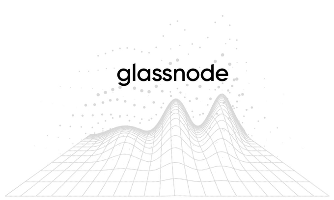 A digital graphic featuring the 'glassnode' logo positioned above a stylized, low-resolution wave-like grid landscape on a white background.