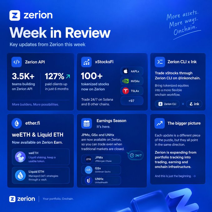 A blue promotional graphic titled 'Zerion Week in Review' highlights updates including 'Zerion API', 'xStocksFi', 'Earnings Season' with JPMx, GSx, and UNHx, and 'Zerion CLI x Ink', with the tagline 'More assets. More ways. Onchain.'