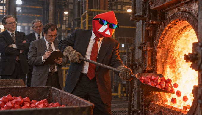A composite image showing men in suits at an industrial furnace, with one figure in the foreground wearing a red geometric polygon mask and sunglasses, scooping red crystals with a shovel.