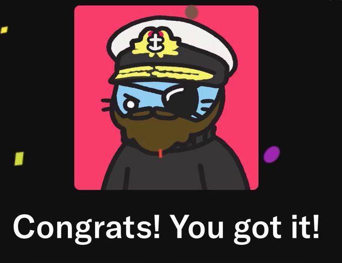 A cartoon-style illustration of a bearded captain wearing a white hat with an anchor emblem and an eyepatch on a pink background, with the text 'Congrats! You got it!' below.