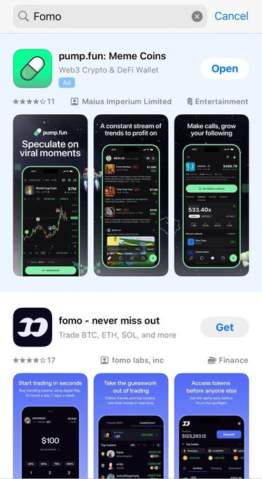 The image shows an App Store search for "Fomo" where the top result is an ad for "pump.fun: Meme Coins," a Web3 Crypto & DeFi Wallet by Maius Imperium Limited rated 3 stars with 11 reviews, followed by "fomo - never miss out" by fomo labs, inc. This visual supports the post's point that Pump Fun appears first as a paid advertisement before the actual "Fomo" app.