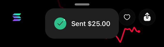 A dark-themed app interface shows a confirmation notification reading "Sent $25.00" with a green checkmark, alongside heart and share icons, visually reinforcing the congratulatory message of a $25 transfer.