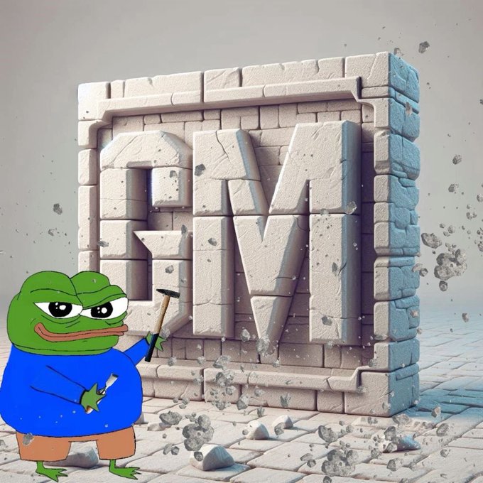 A 3D rendering of a stone block carving the letters 'GM', with a cartoon frog in a blue shirt holding a hammer beside it, surrounded by small debris pieces.
